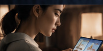 Person looking at creative content on a handheld screen in a warm interior.