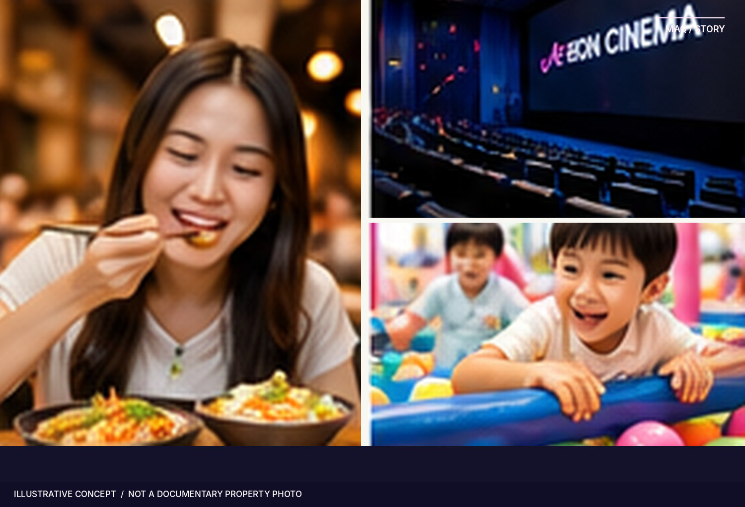 Conceptual triptych of dining, cinema seating and children playing; no pictured activity is verified at AEON MALL.