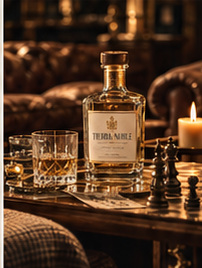 Concept Tierra Noble bottle with two small tasting glasses on a polished wooden table in a softly lit lounge.