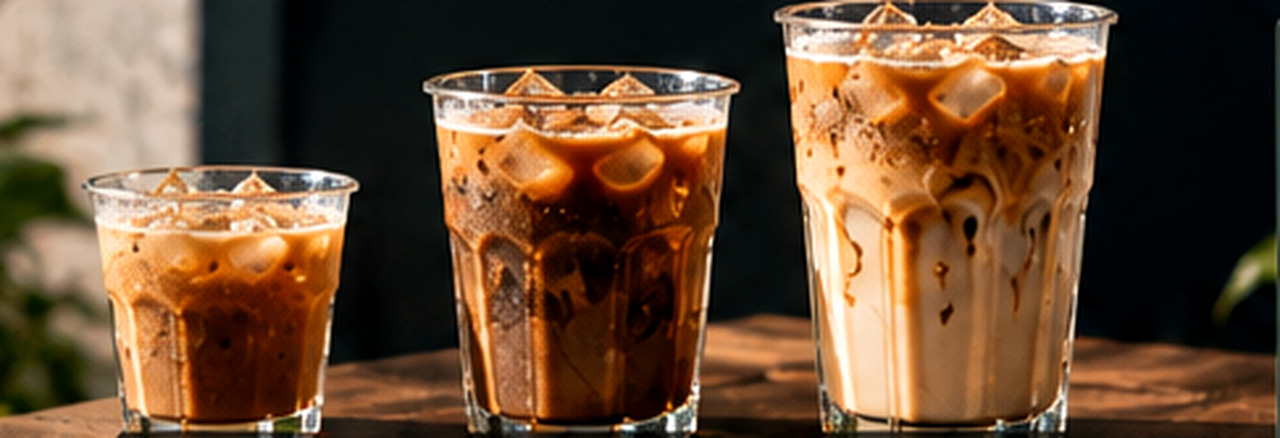 Three different-sized iced coffees side by side; illustrative sizes, not measured servings.
