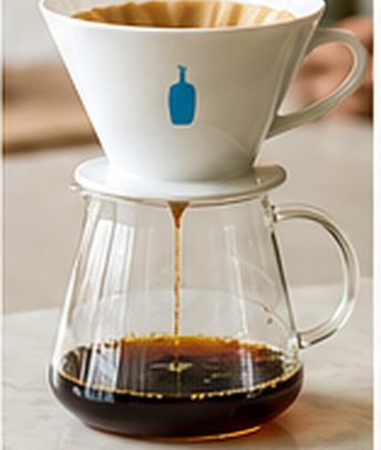 White pour-over dripper releasing coffee into a glass carafe, AI-generated concept.