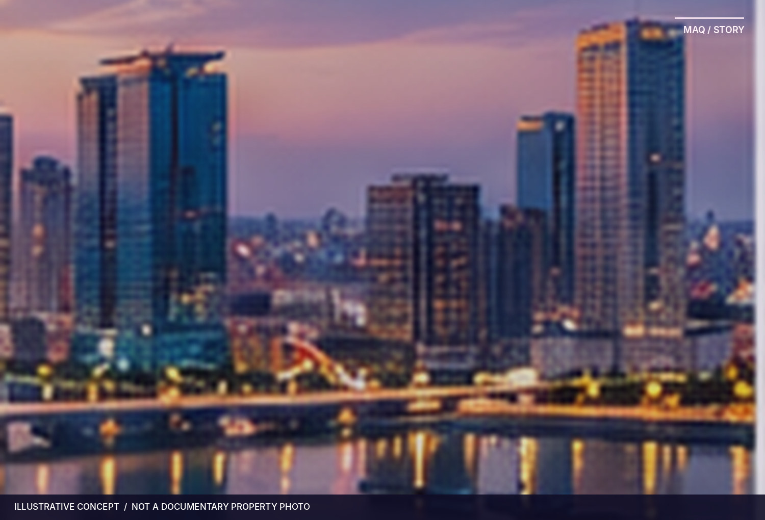 AI-assisted conceptual riverside city view at sunset; no real AEON MALL property is shown.