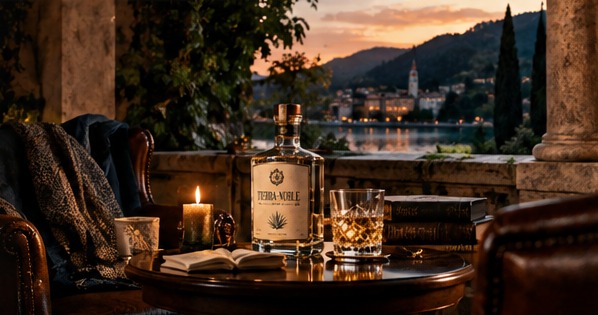 Warm evening table and armchair beside a lake view, with a concept tequila bottle and one glass.