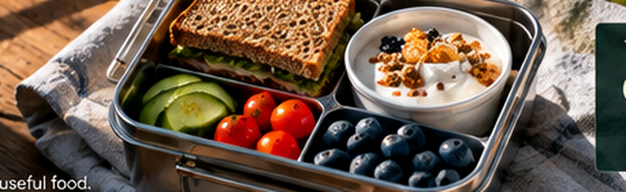 Close-up of a packed lunchbox with sandwich, sliced cucumber, cherry tomatoes, blueberries and yogurt.