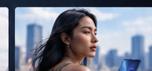 Woman overlooking a city while holding a cobalt smartphone.