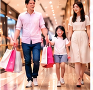 Illustrative family walking through a mall with shopping bags