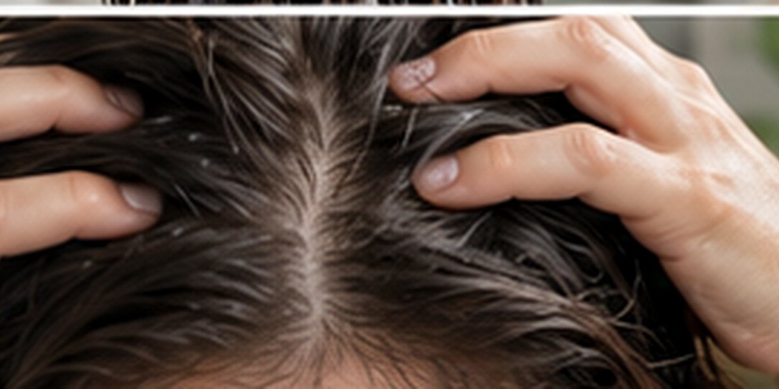 Close-up of fingers gently touching the scalp through dark hair.