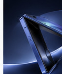 Foldable phone shown partly opened in a sculptural dark blue scene.