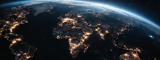 Illuminated Earth viewed from space, with city lights across continents