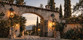 Stone Mexican hacienda gateway with warm lantern light and cypress trees at twilight.