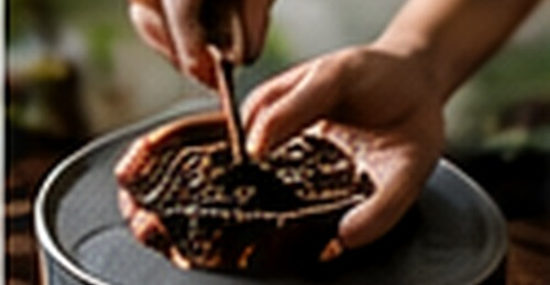Hands preparing coffee grounds in a brewing filter, AI-generated concept.