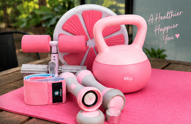 Crop of the supplied fitness poster showing pink kettlebell, dumbbells, resistance band, ab roller and exercise mat on a wooden table.
