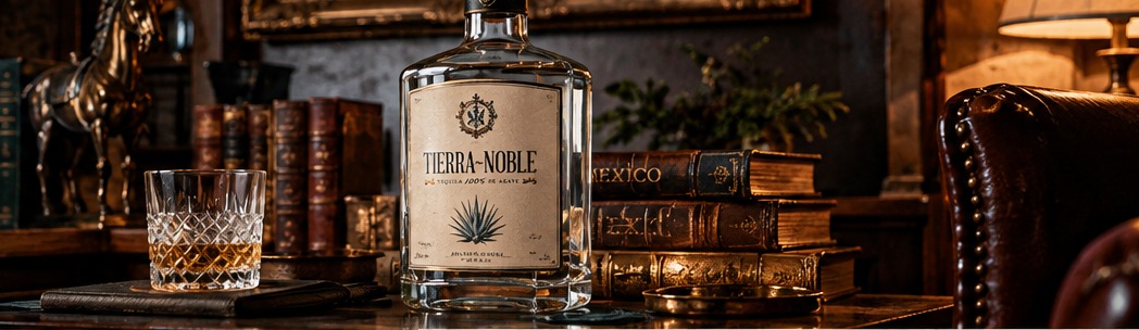 Tierra Noble concept bottle in a warm, shadowed library with leather-bound books, a horse sculpture, and a glass of tequila.