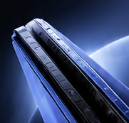 Diagonal close-up of a cobalt foldable device edge with reflective detailing.