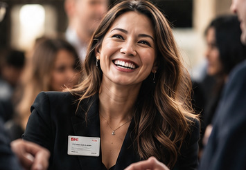 Smiling professional in a networking event surrounded by other attendees