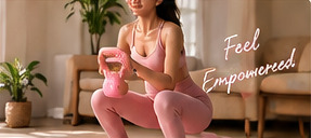 Crop of the supplied campaign artwork showing a woman squatting with a pink kettlebell.