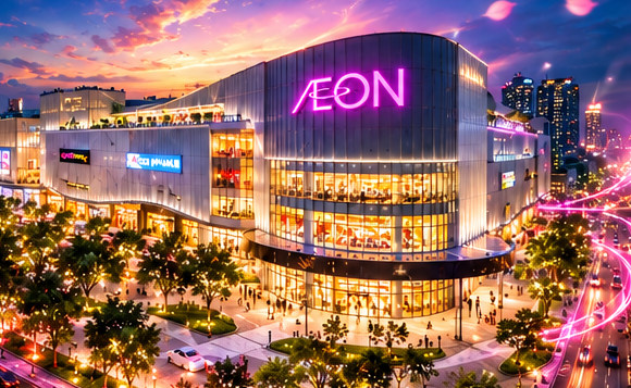 Illustrative sunset city view with illuminated mall building and magenta AEON sign