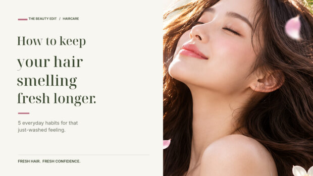 A refined 4K beauty editorial cover with the headline beside a woman with flowing brown hair.