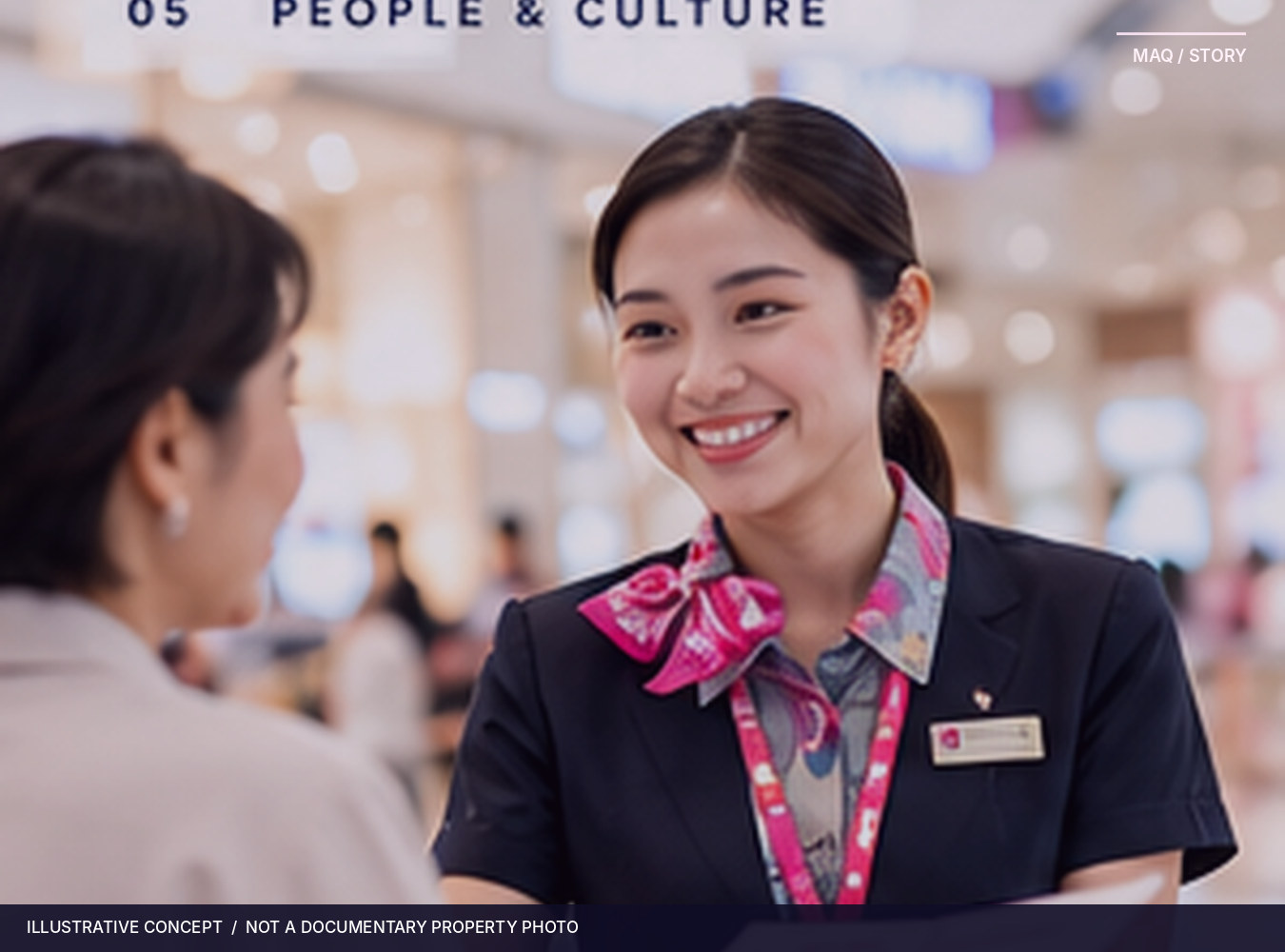 Conceptual image of a smiling retail employee talking to a visitor, not an identified real person or AEON employee.