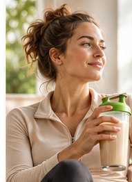 Woman in neutral activewear holding a green-topped shaker in warm morning light.