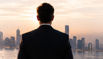Businessperson seen from behind facing a waterfront city at sunset