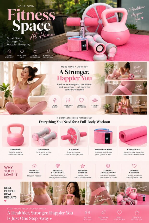 Complete pink home fitness campaign collage showing equipment, models and promotional typography arranged across the entire design.