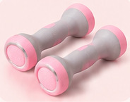 Two light-gray dumbbells with pastel pink ends on a pale pink background
