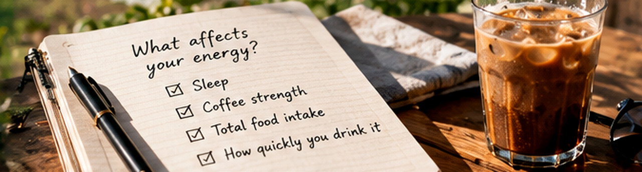 Notebook listing sleep, coffee strength and food intake beside an iced coffee.