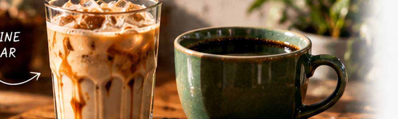 Iced sweetened-looking coffee beside a dark green ceramic mug on a wooden table.