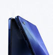 A cobalt foldable phone shown at a partially open angle.