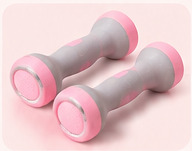 Pair of pink-and-gray dumbbells shown in a cropped product panel from the supplied advertisement.