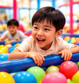 Illustrative young child playing among colorful balls