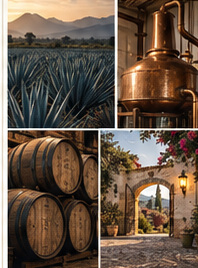 Four-panel concept collage showing agave rows, copper distillery equipment, oak barrels and hacienda architecture.