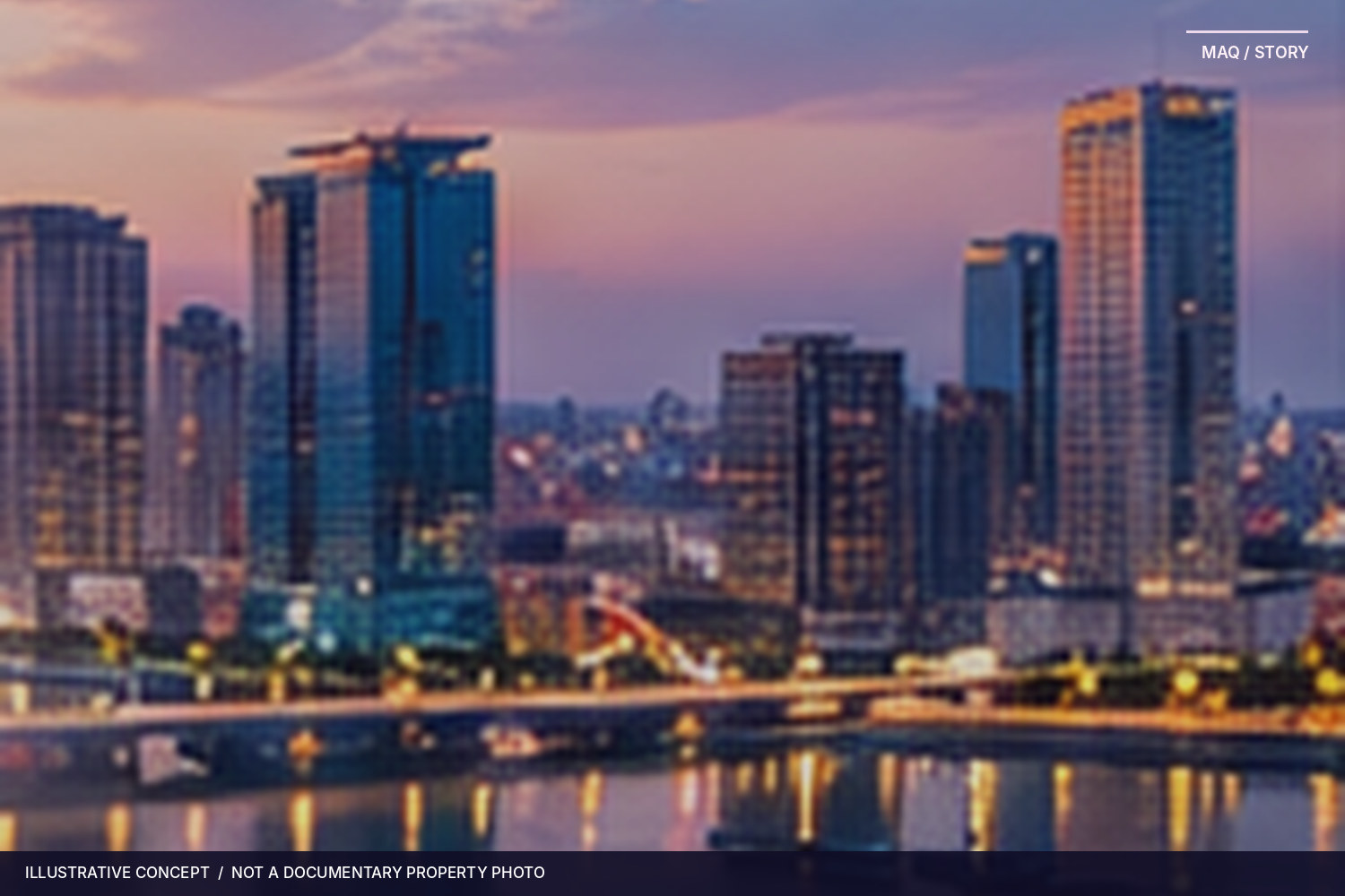 AI-assisted conceptual illustration of a riverside city skyline at sunset; not a documentary location image.