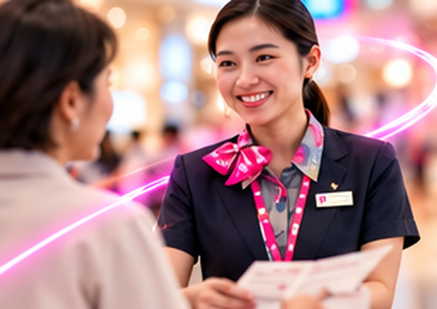Illustrative smiling customer service employee assisting a visitor
