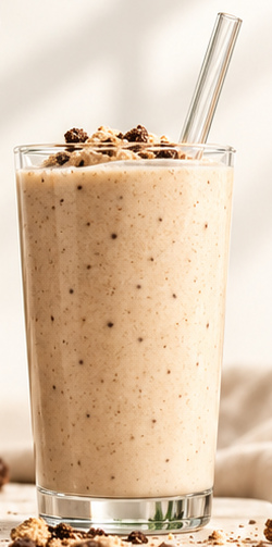 Cream-colored cookie-inspired shake in a clear glass with straw and cookie pieces on top.