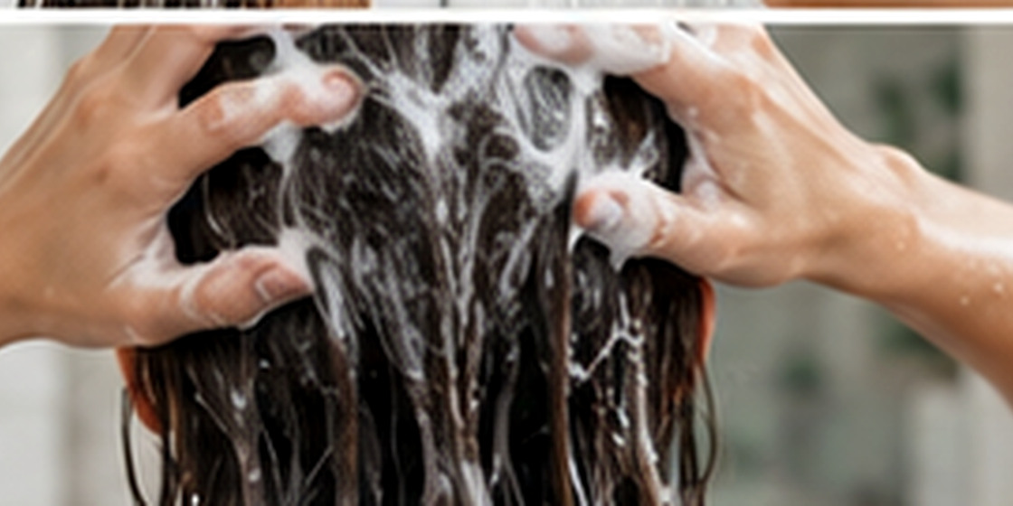 An adult massaging shampoo into wet hair, seen from behind in a shower.