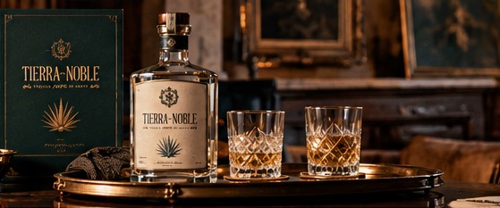 Concept bottle and two glasses on a brass tray beside a dark green presentation box in a wood-paneled room.