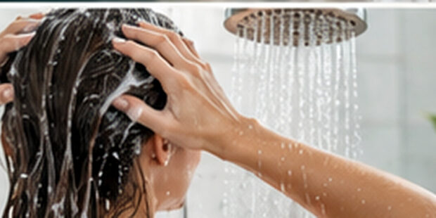Back view of an adult washing hair beneath a shower, photographed from the shoulders upward.