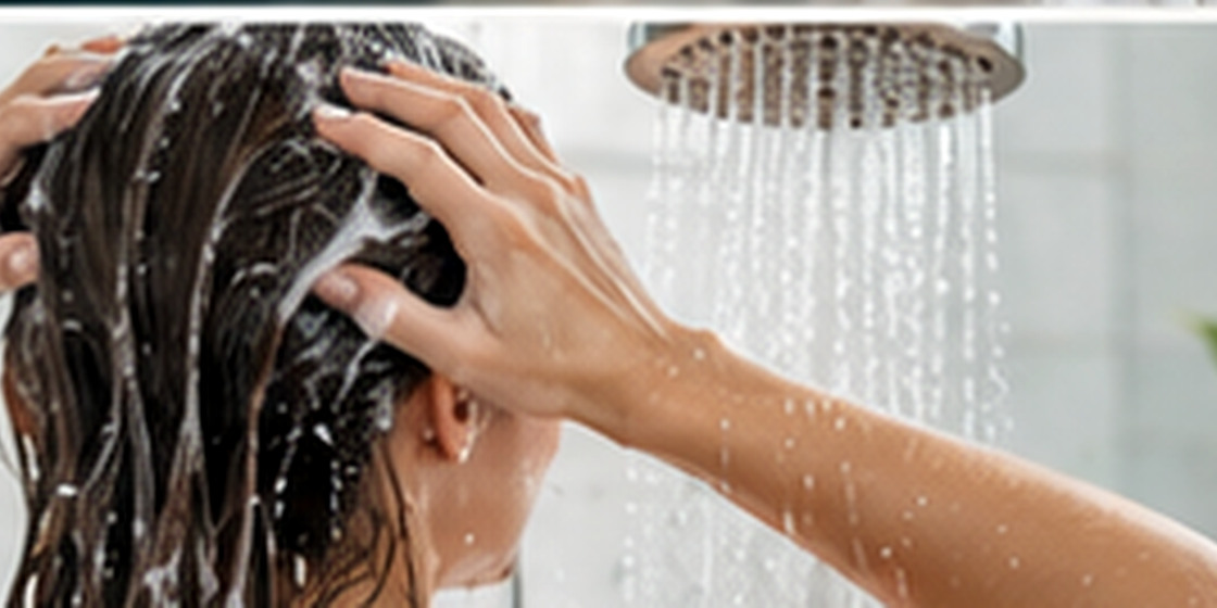Back view of an adult washing hair beneath a shower, photographed from the shoulders upward.