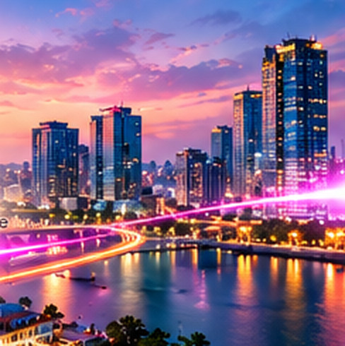 Illustrative Phnom Penh skyline at sunset beside a river