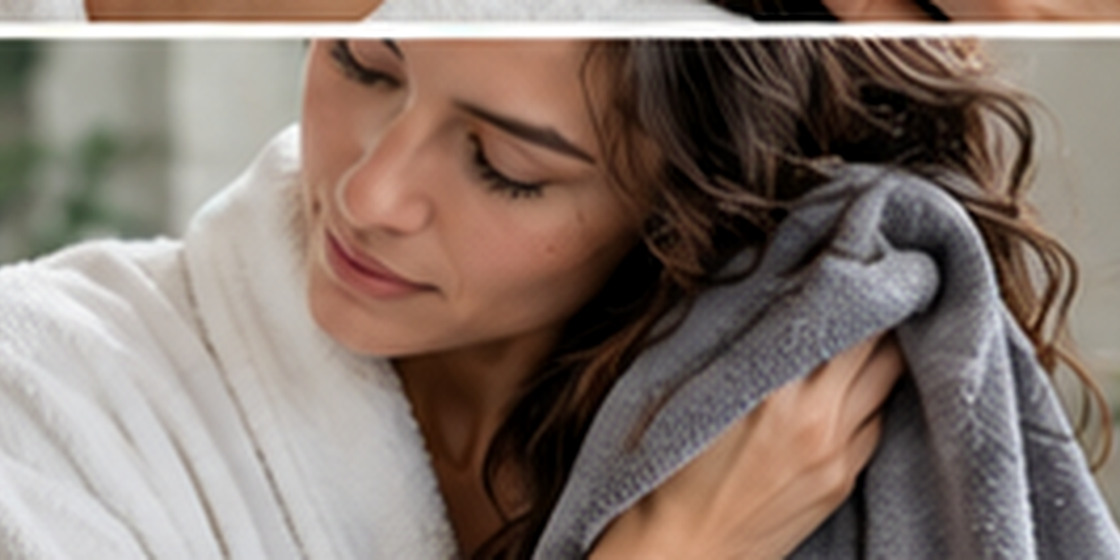 An adult in a white bathrobe gently pressing a soft gray towel against wet hair.