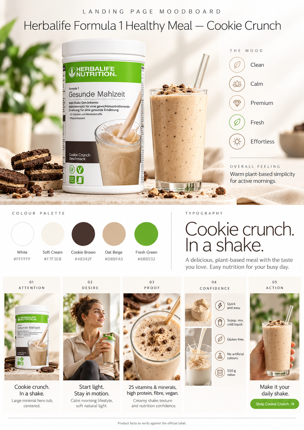Provided Herbalife Formula 1 Cookie Crunch landing page moodboard with a product pack, shake and layout references