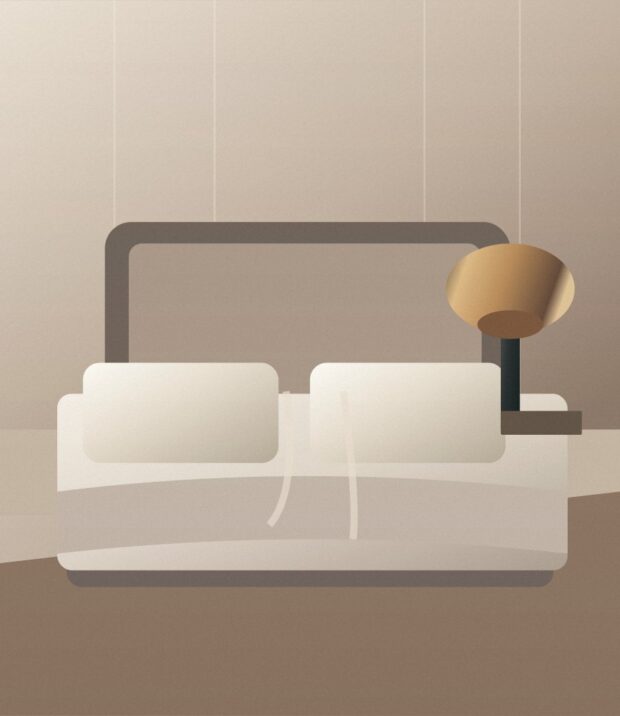 Conceptual illustration of a luxury hotel guestroom with layered bedding and a bedside lamp
