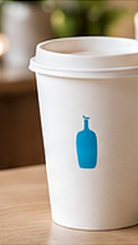 White takeaway cup featuring a conceptual blue bottle motif, AI-generated concept.