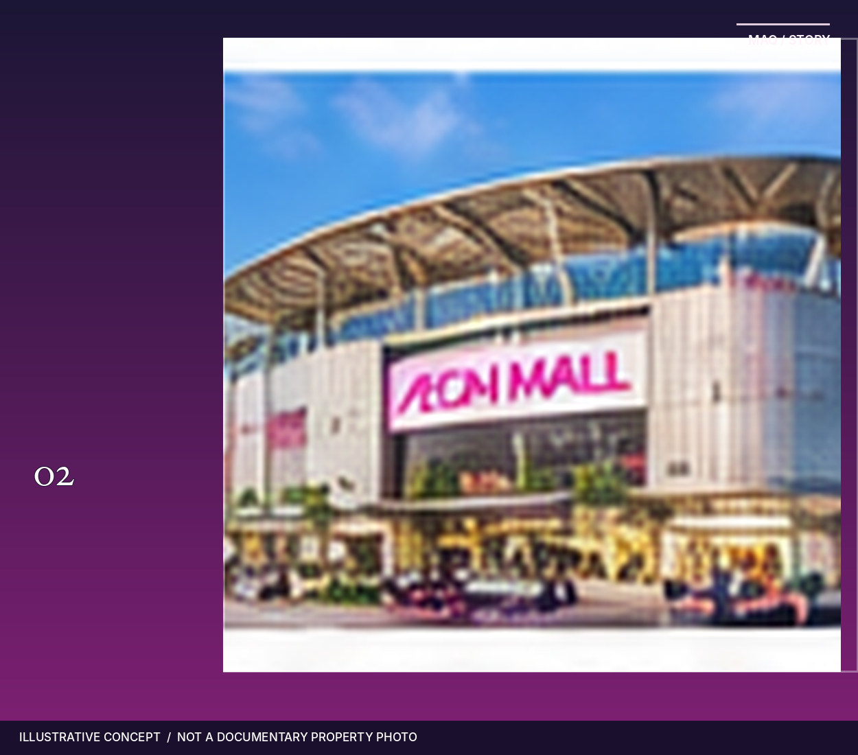 Editorial number 02 beside a conceptual shopping complex with a sculptural roof; not a real venue photograph.