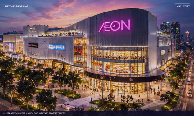 AI-assisted conceptual artwork of a brightly illuminated shopping complex at dusk; not a verified AEON MALL property photo.