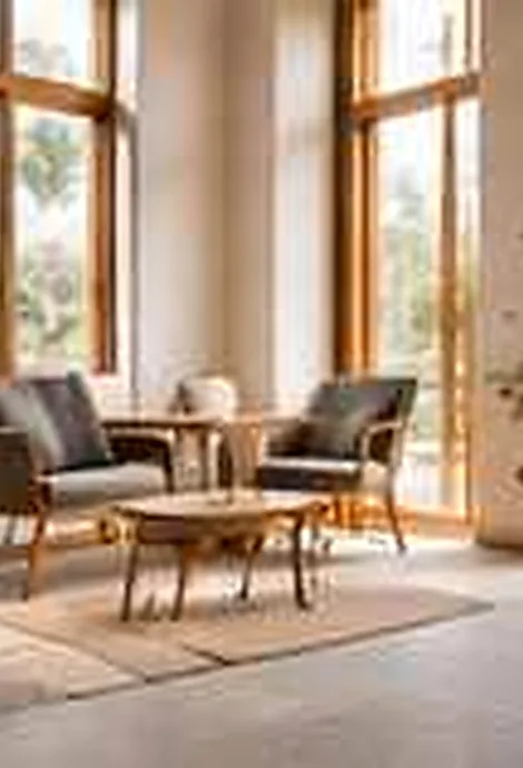 Illustrative editorial demo photograph accompanying a fictional MAQ.BIO catalyst about interiors; no real Brand or Product depicted as verified.